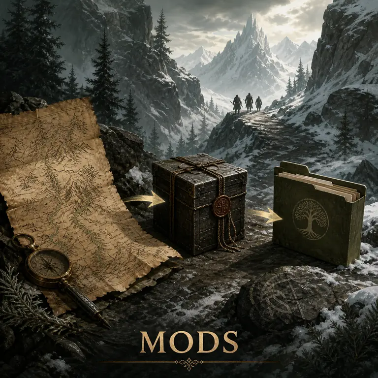 Editorial illustration of a map, backup box, and game folder in a snowy northern pass