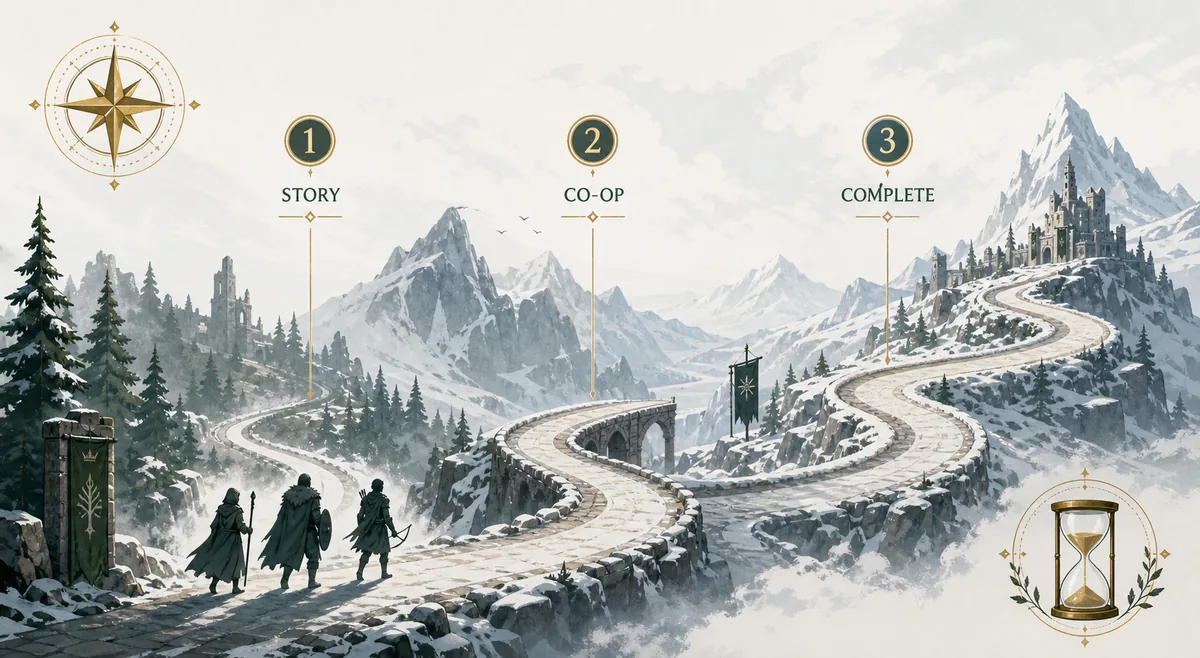 Editorial timeline showing a War in the North run growing from story to co-op and completion goals