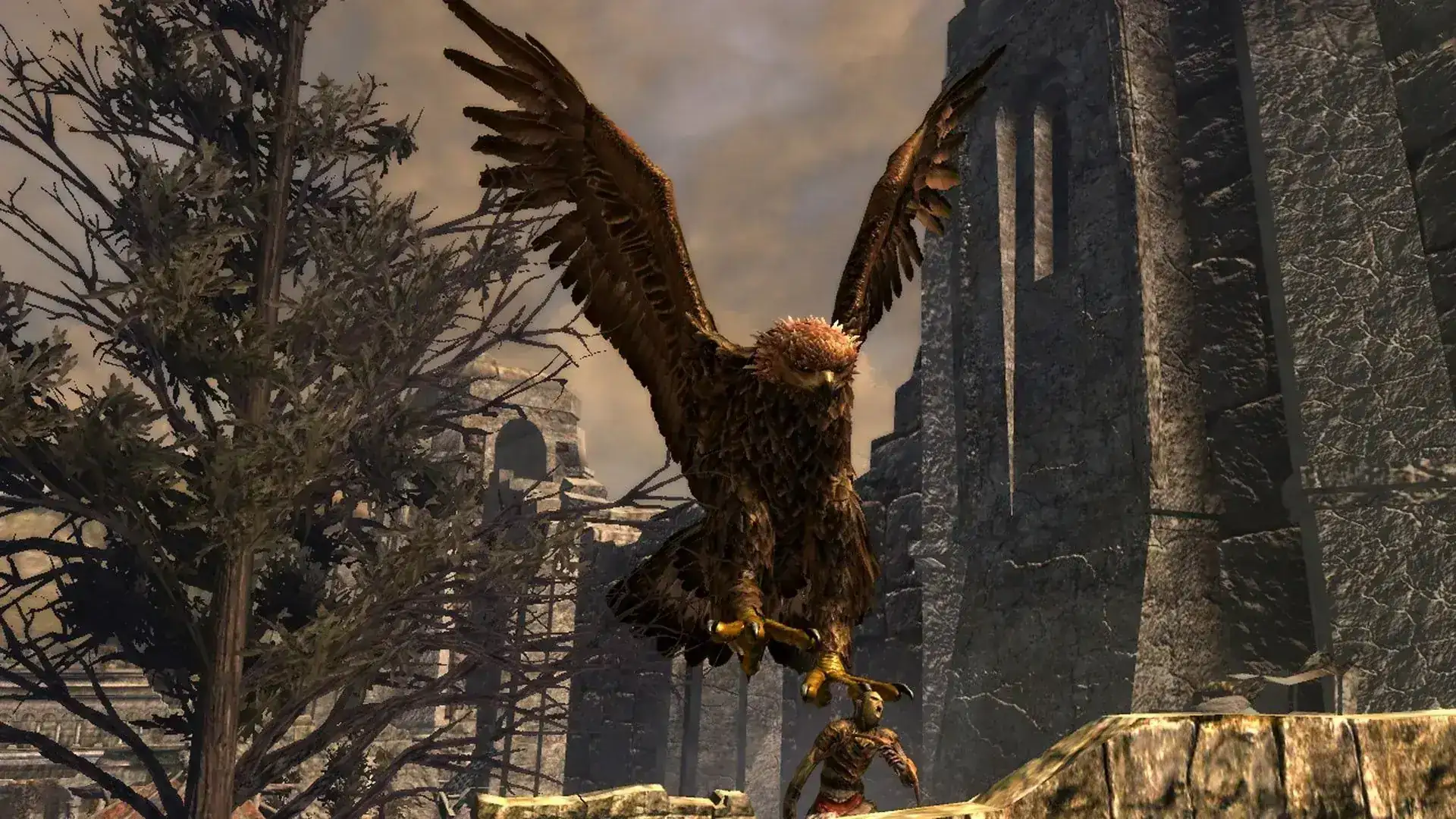 A giant eagle crosses the sky above a ruined fortress during exploration.