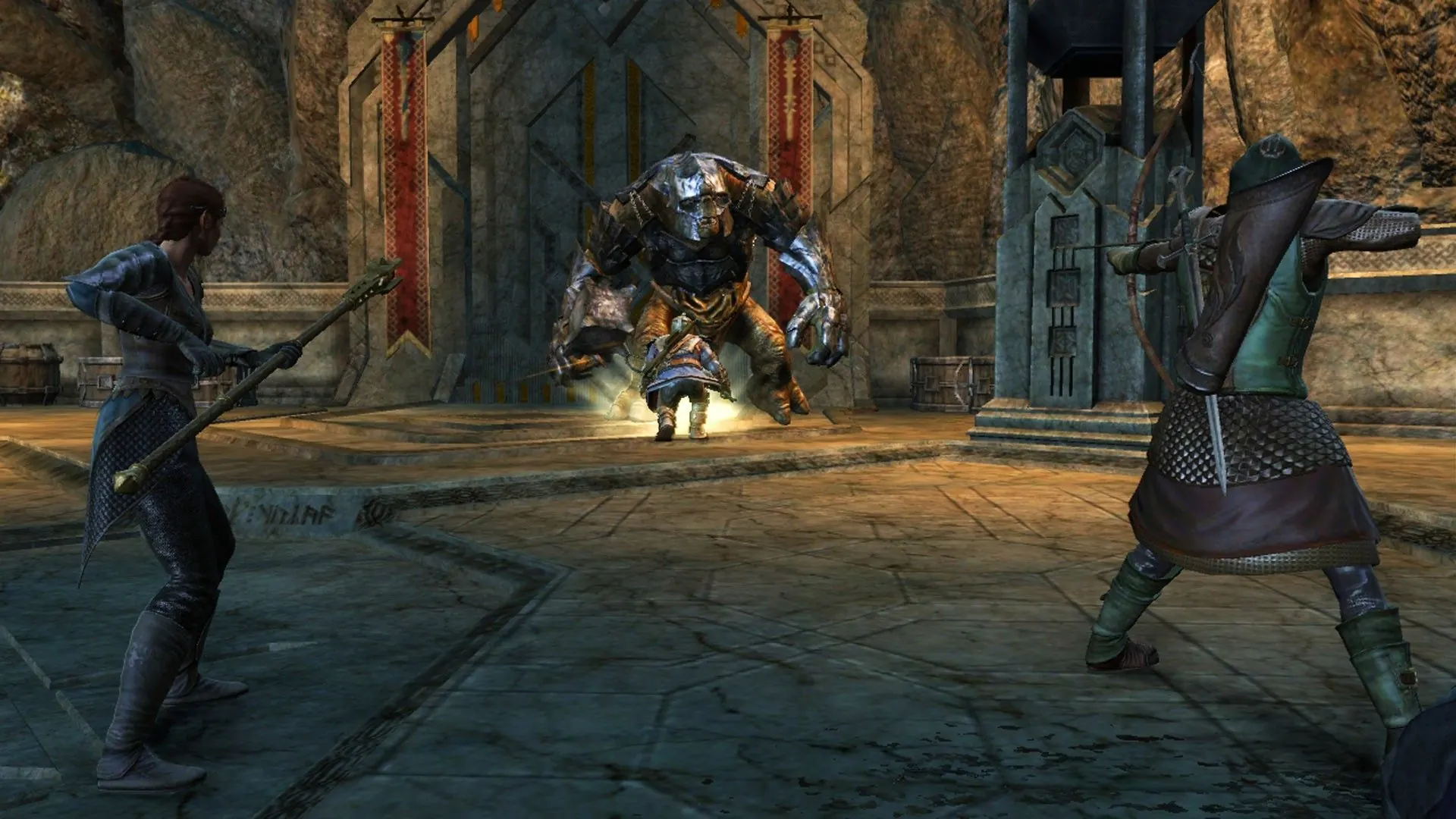 Three heroes fight together inside a stone hall, showing the game's co-op focus.
